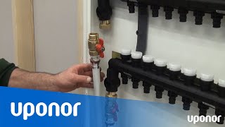 Installation uppfyllning och avluftning av Uponor Pro 1 QampE golvvärmefördelare i fördelarskåp [upl. by Cynera68]