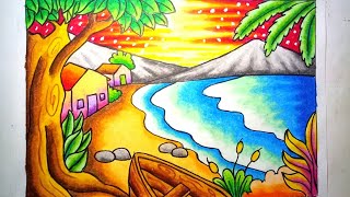 Mewarnai gradasi dengan crayon  Oilpastel  Pemandangan indah pantai  Drawing Beach Scenery [upl. by Oxley]