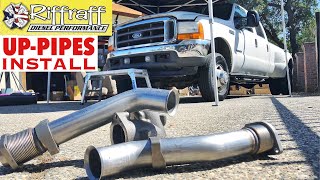 2001 F350 73  RiffRaff UpPipes Install  Stock up pipes leaking and falling apart JUNK SP [upl. by Rehsa467]