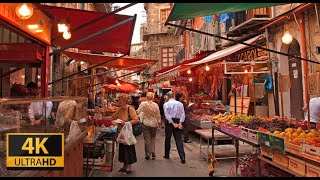 Palermo Walking Tour Around Historic Ballarò Market Typical Noises Of The City [upl. by Ramahs]